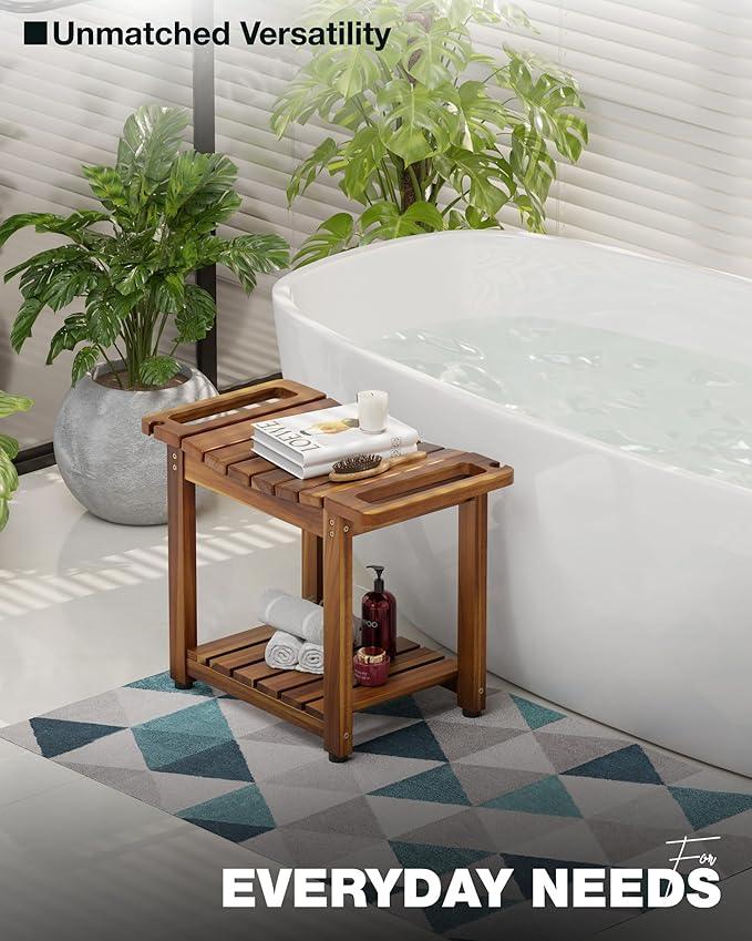 BLUEWEST Shower Bench Seat with Storage Shelf, Natural Wood Shower Benches for Inside Shower to Sit on, Waterproof Bathroom Spa Bench Stool for Legs Shaving with Built-in Handle & Shower Head Holder - ModernBath
