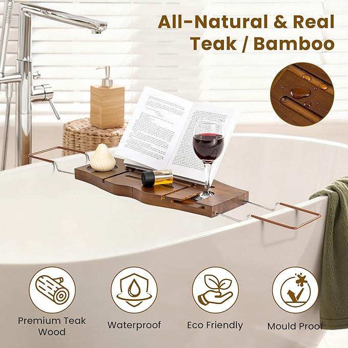 Teak Bathtub Tray Expandable Bathroom Tray for Home Spa Relaxation, Wooden Tray Caddy for Bathtub, Teak Bathtub Caddy as Unique Housewarming, Birthday, Wedding Shower Gifts. Light Walnut - ModernBath