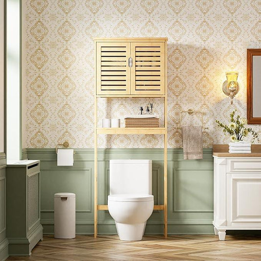 SMIBUY Bathroom Over The Toilet Storage Cabinet, 2 Door Bamboo Cabinet Organizer, Freestanding Space Saver Toilet Rack with Adjustable Inside Shelf and Open Shelf (Natural) - ModernBath