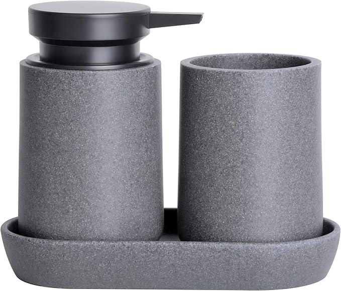 Clasin Home 3 Pcs Bathroom Accessories Set, Liquid Soap Dispenser with Large Pump, Toothbrush Holder Cup and Soap Dish, Sandstone Texture Bathroom Counter Set for Modern Home (Gray) - ModernBath