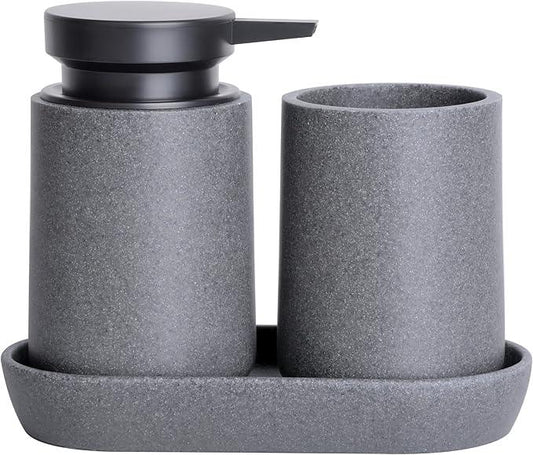 Clasin Home 3 Pcs Bathroom Accessories Set, Liquid Soap Dispenser with Large Pump, Toothbrush Holder Cup and Soap Dish, Sandstone Texture Bathroom Counter Set for Modern Home (Gray) - ModernBath