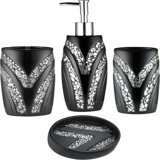 Zahari Home 4pc Sinatra Stylish Bathroom Accessories Set Black Soap Dispenser/Lotion Pump, Tumbler, Tooth Brush Holder and Soap Dish Modern Luxury Decor Bling Mosaic Glass Black Bathroom Accessories - ModernBath