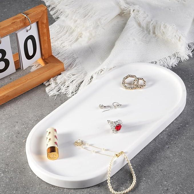 Koville 12"x6" Elegant White Marble Bathroom Tray, Natural Marble Vanity Trays for Home Decor, Stone Perfume Organizer Jewelry Dish for Dresser, Luxury Vanity Tray, Stone Storage Trays - ModernBath