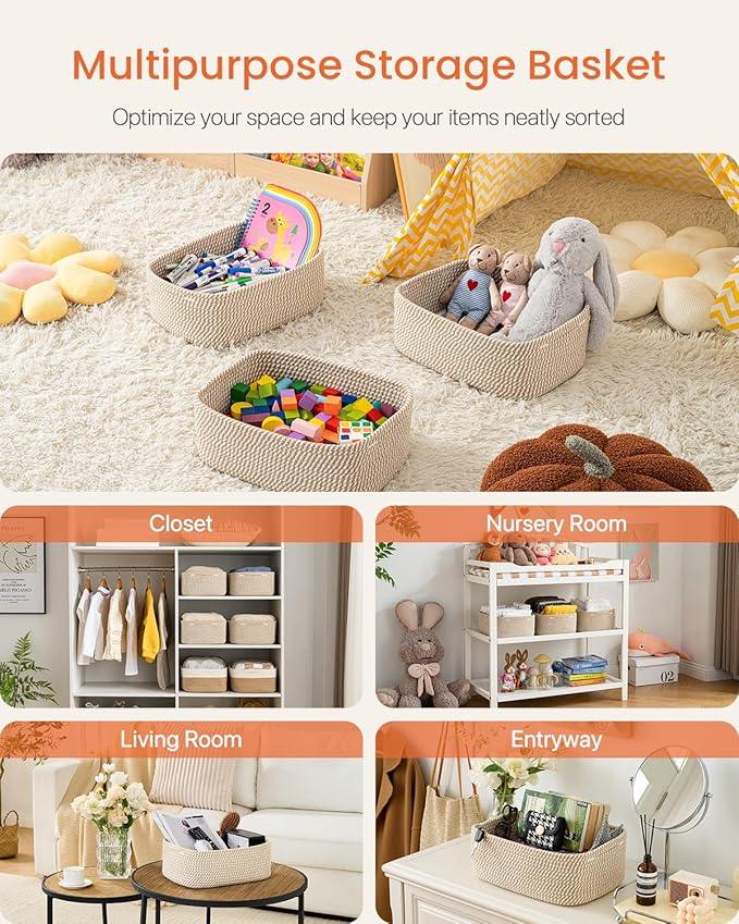 Small Woven Basket, 13.5 x 9.5 x 5 Inches, Storage Basket for Organizing, Cute Small Rope Shelf Closet Cube Storage Bins Baskets for Shelves, Dog Toy Gift Baskets Empty, 3 Pack Brown - ModernBath