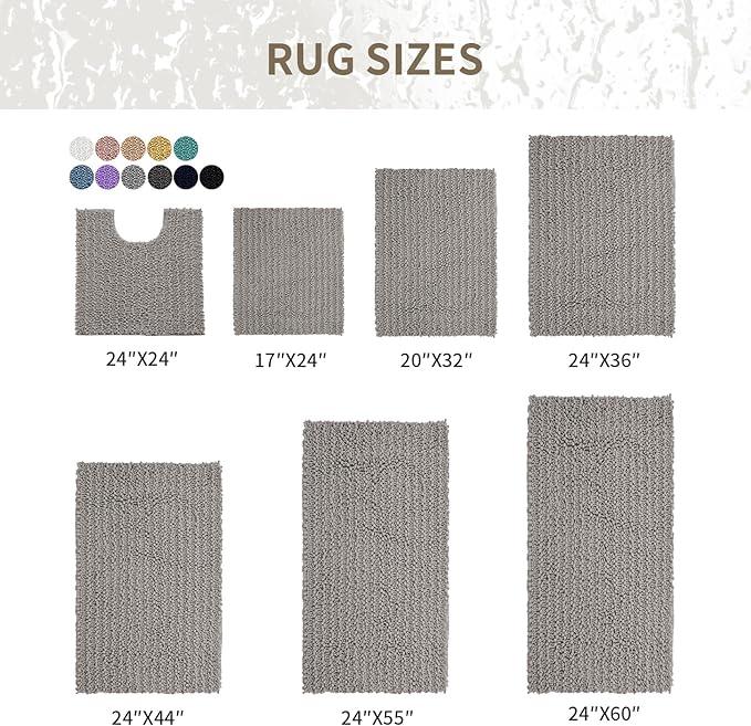 Ruggnovea Chenille Bathroom Rugs Non Slip Washable 44x24, Extra Thick Soft Absorbent Chenille Bath Mat, Non-Slip Barrier Backing, Quick Dry Machine Washable Bath Mats Tub, Shower,Floor/Sink,Grey - ModernBath