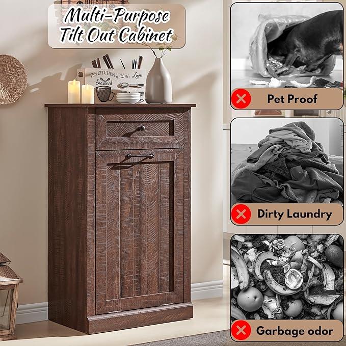 Tilt Out Laundry Hamper Cabinet, 10 Gallon Farmhouse Trash Can Cabinet with Drawer, Hidden Wood Garbage Can Bin Cabinet with Laundry Storage Basket for Bathroom, Kitchen, Brown - ModernBath