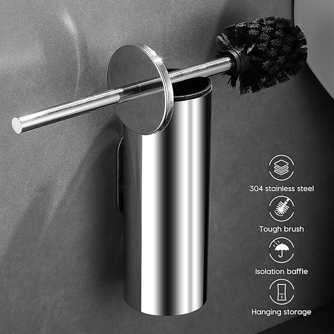 Toilet Brush and Brush Holder, Stainless Steel No-Punch Hook Base Dual Purpose Toilet Brush Holder with Removable Inner Bucket and Splash Cover - Soft Bristles (Chrome) - ModernBath