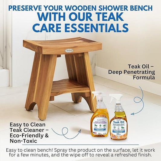 EcoDecors Fully Assembled, Serenity 18" Teak Shower Bench, with Shelf, Wooden Shower Bench, Shower Stool, Plus Teak Care Bundle, Teak Oil Spray, Compact Fit for Small Bathrooms, Sauna Bench - ModernBath