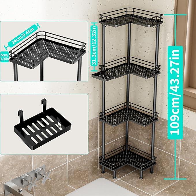 HapiRm Corner Shower Caddy Organizer - 4 Tier Shower Shelf Corner with Soap Holder, Rustproof Bathroom Standing Organizer with 4 Hooks, Black - ModernBath