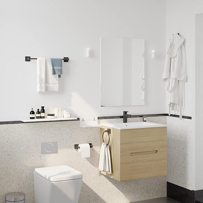 Ruacq 4 Pieces Bathroom Hardware Set Matte Black Square Stainless Steel and Zinc Alloy Modern Wall Mounted,18-Inch Towel Bar,Toilet Paper Holder,Towel Ring,Robe Hook,Bathroom Accessories Kit - ModernBath