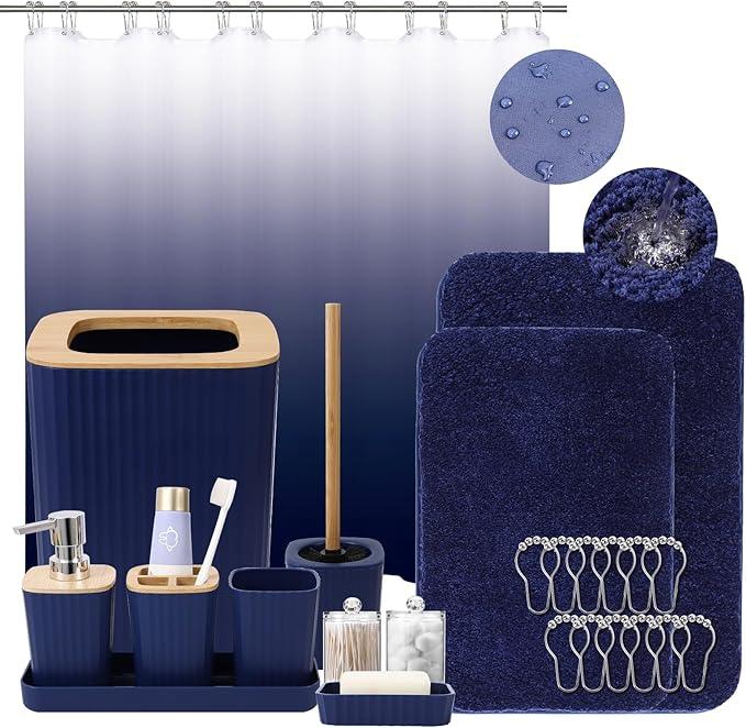 XLHOMO Bathroom Accessory Set–Bathroom Sets with Shower Curtain and Rugs, No Slip Bathroom Rugs Super Absorbent, Blue Ombre Water-Proof Shower Curtain with Hooks, Blue Bathroom Sets Complete for Home - ModernBath