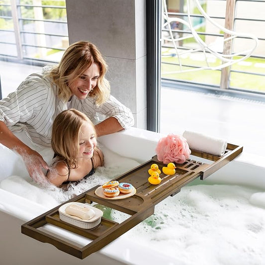 Luxury Teak Bathtub Tray - Foldable Bath Caddy with Expandable Handles, Wine Glass & Phone Holder, Book Stand - Enhance Home Spa Experience with Natural Material - Relaxing & Reading, Light Walnut