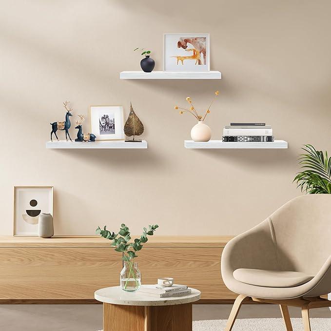 White Floating Shelves for Wall Set of 3, 16" White Shelves for Home Decor, Frame Display Wall Mounted Floating Shelf for Living Room, Bedroom, Bathroom, Kitchen - ModernBath