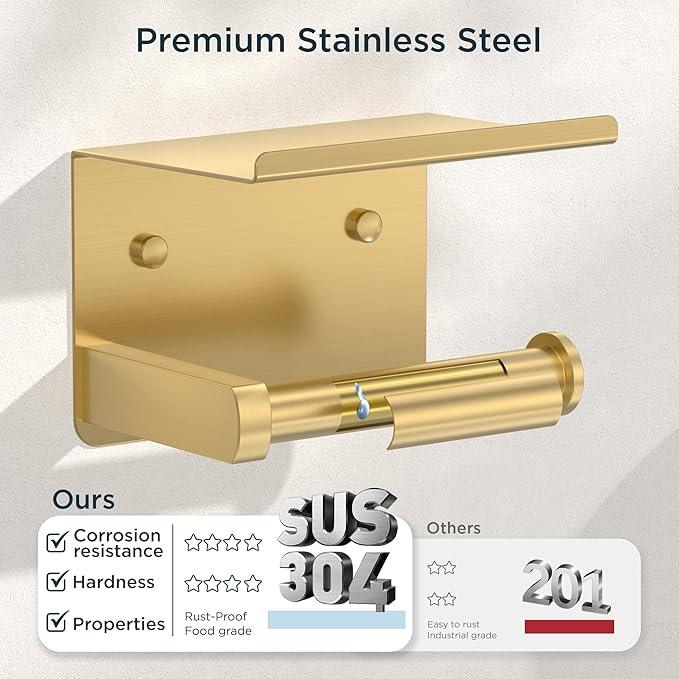 Toilet Paper Holder with Shelf, Adhesive or Screw Wall Mount Toilet Paper Roll Holder for Bathroom, 304 Stainless Steel Commercial Toilet Tissue Roll Dispenser with Phone Shelf (Brushed Gold) - ModernBath