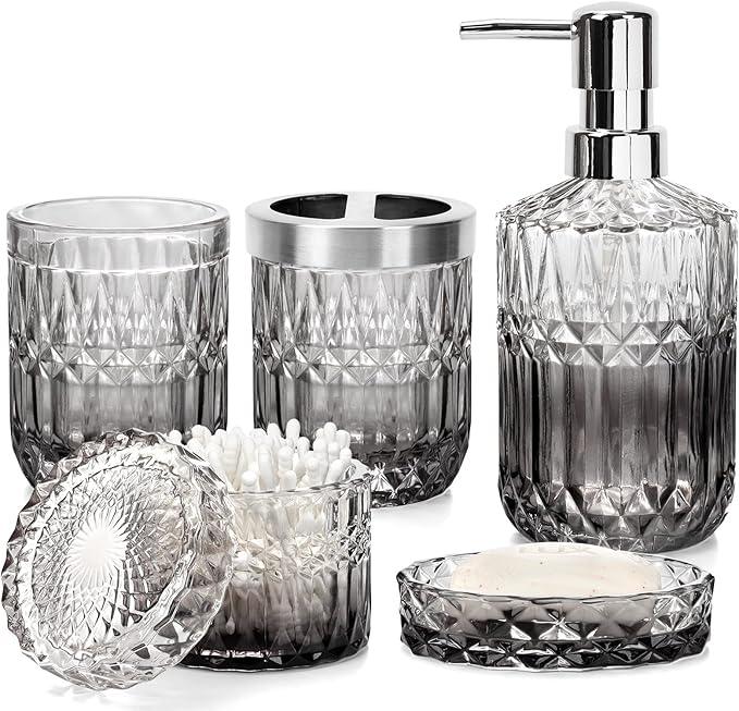 Ulable Bathroom Accessories Set, 5Pcs Bathroom Soap Dispenser Set, Glass Bathroom Accessories with Glass Soap Dispenser, Soap Dish, Toothbrush Holder, Tumbler, Cotton Swab Jar (Gradient Clear & Black) - ModernBath