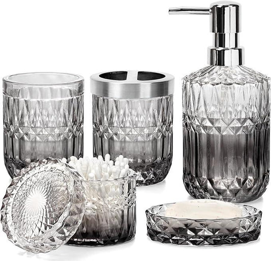 Ulable Bathroom Accessories Set, 5Pcs Bathroom Soap Dispenser Set, Glass Bathroom Accessories with Glass Soap Dispenser, Soap Dish, Toothbrush Holder, Tumbler, Cotton Swab Jar (Gradient Clear & Black) - ModernBath