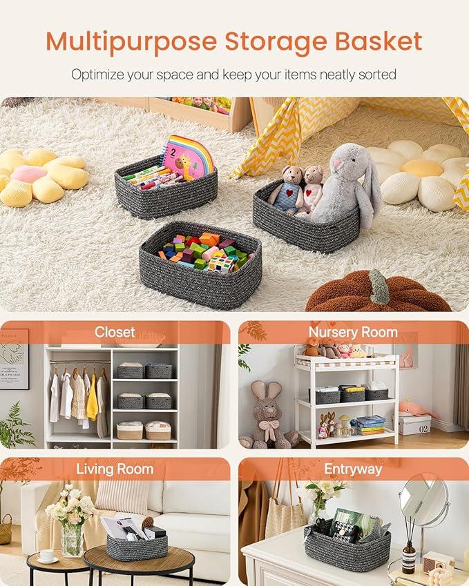 Small Woven Basket, 12 x 8 x 4.5 Inches, Storage Basket for Organizing, Cute Small Rope Shelf Closet Cube Storage Bins Baskets for Shelves, Dog Toy Gift Baskets Empty, 3 Pack Mixed Black - ModernBath
