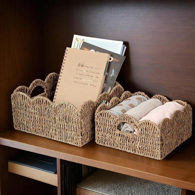 Scalloped Baskets (Natural-Set of 2) Seagrass Basket For Decor, Basket Living Room Organizer, Bathroom, Bedroom, Laundry,... Seagrass Storage Baskets with Built-in Handles. - ModernBath