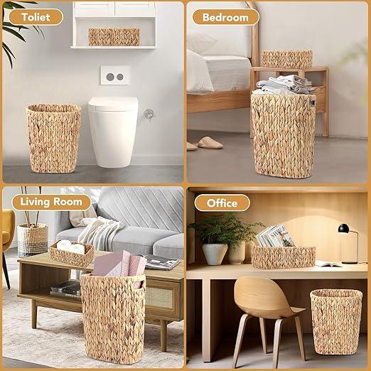 BSSN Water Hyacinth Trash Can 15L & Toilet Tank Basket,Natural Wicker Waste Bin with 2 Multifunctional Organizer Baskets for Bathroom, Toilet, Kitchen, Bedroom, Office, Balcony Decor - ModernBath