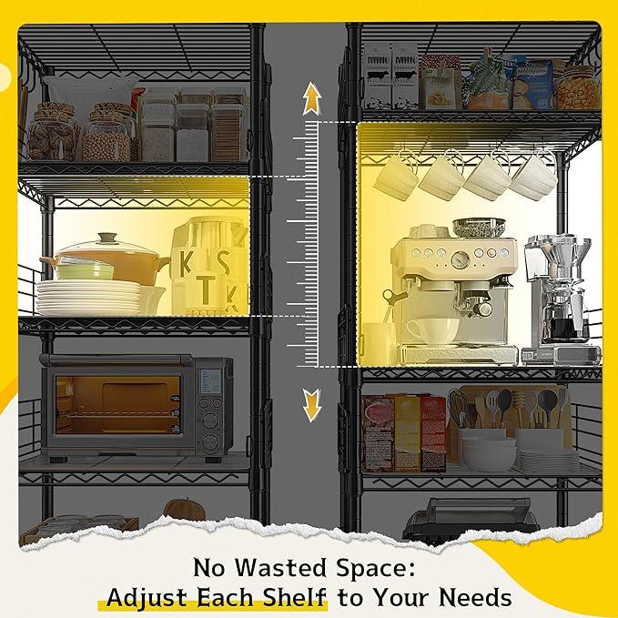 5 Tier Metal Shelving Unit Storage Shelves With Shelf Linker,Adjustable Pantry Shelves Wire Shelving with Hooks,Metal Shelf with Side Blockers for Kitchen,Closet,Office,Laundry,18.1''Wx18.1''Dx59''H - ModernBath