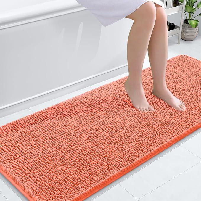 OLANLY Bathroom Rugs 59x24, Extra Soft Absorbent Chenille Bath Rugs, Rubber Backing Quick Dry, Machine Washable Bath Mats for Bathroom Floor, Tub and Shower, Home Decor Accessories, Coral - ModernBath