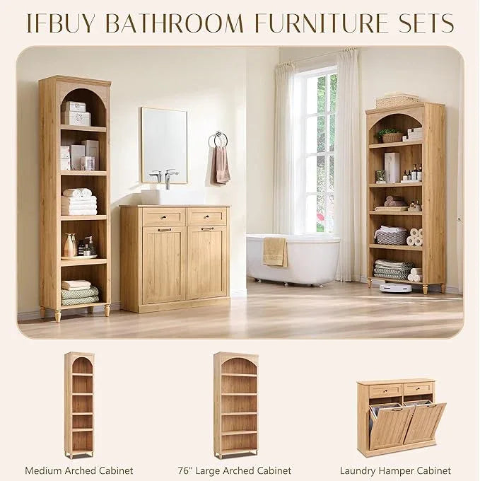 76" Tall Arched Bathroom Storage Cabinet, 5 Tiers Narrow Farmhouse Arched Cabinet w/Adjustable Shelves, Modern Wooden Storage Cabinet for Bathroom, Living Room, Entryway, Study Room (Natural) - ModernBath