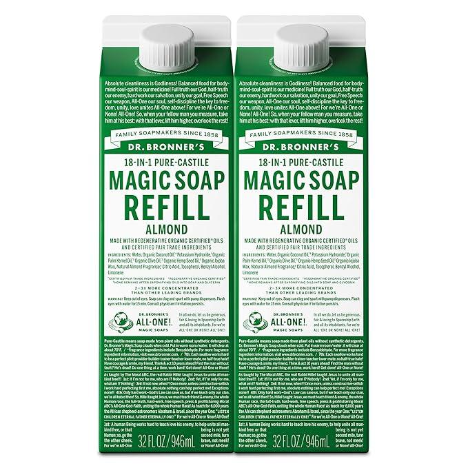 Dr. Bronner's Magic Soap Pure-Castile Liquid Soap Refill - Made with Regenerative Organic Certified Oils - 18-in-1 Uses for Face, Body Wash, Hand Soap Refill, Vegan Bath Soaps- Almond, 2-Pack, 32oz - ModernBath