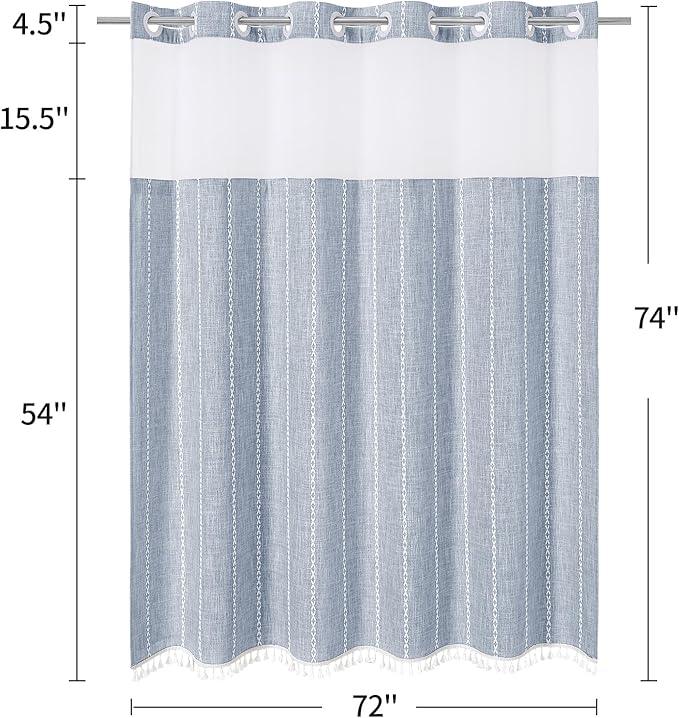 MitoVilla No Hooks Needed Farmhouse Shower Curtain with Snap-in Liner - with Window & Magnets, Boho Cotton Linen Fabric Shower Curtains with Tassels for Rustic Bathroom Decor, Blue, 72 x 74 - ModernBath