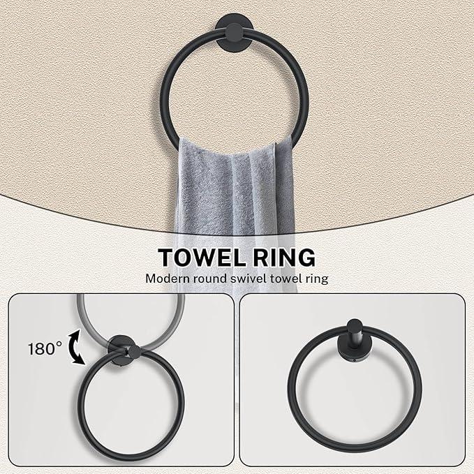 Matte Black Towel Bar Set 5-Piece Bathroom Hardware Accessories Set Includes 23.6in Towel Bar-Round Towel Ring-Toilet Paper Holder-Towel Hooks Stainless Steel Wall Mount Bathroom Towel Holder Set - ModernBath