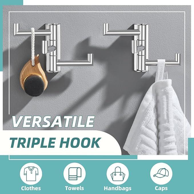 APLusee Polished Chrome Swivel Towel Hook 2 Pack, 304 Stainless Steel Coat Hook with 3 Arms, Wall Mounted - ModernBath