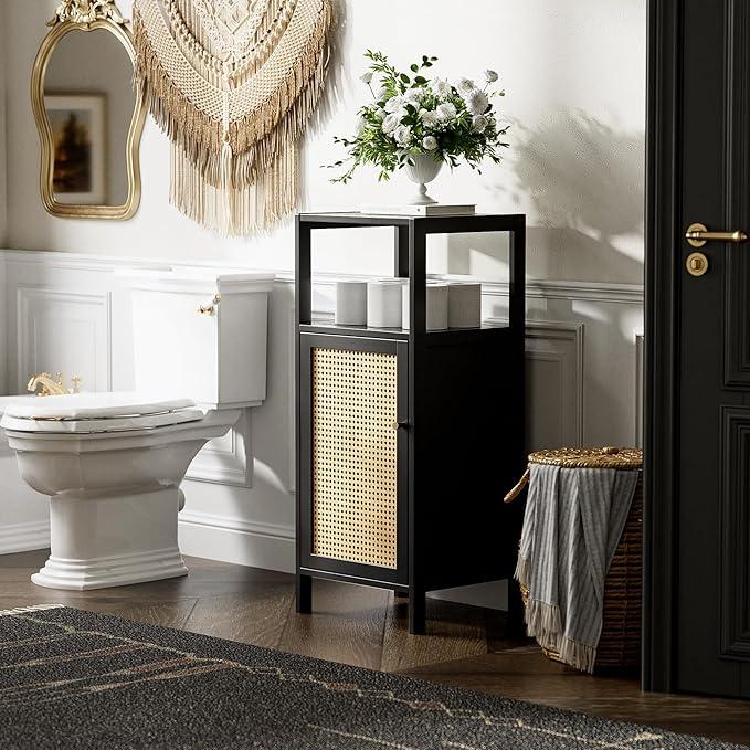 HITNET Bamboo Floor Cabinet, Small Bathroom Storage Cabinet with Single Rattan Door, Narrow Side Storage Organizer Unit Freestanding Space Saving Kitchen Cupboard, Black - ModernBath