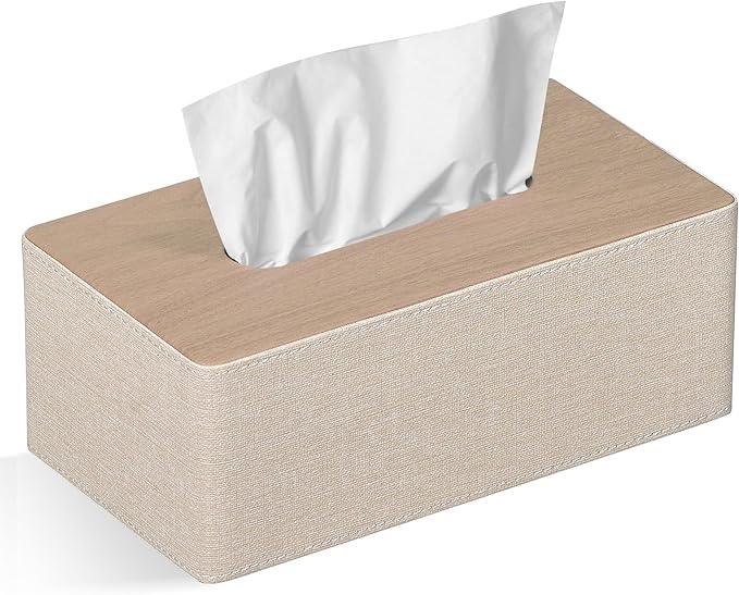 GOLRANLYE Tissue Box Cover Rectangular 9.8"(L) x 5.3"(W) x 4.3"(H) Refined Modern PU Leather Facial Tissue Dispenser Box Holder for Dresser Bathroom Decorative (Beige) - ModernBath
