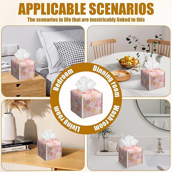 Retro Pink Flower Tissue Box Cover 2PCS, Leather Tissue Box Holder Square Facial Paper Case Tissue Box Cube Organizer for Bathroom Bedroom Desk Office - ModernBath