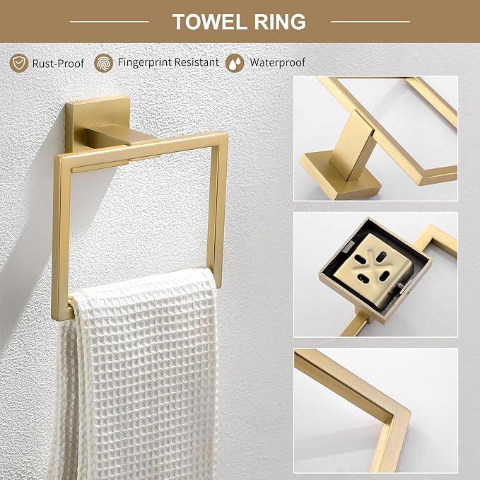 TQKAG 6-Piece Bathroom Towel Bar Sets Brushed Gold 23.6 inch Towel Bar Stainless Steel Towel Ring Coat Hook and Toilet Paper Holder Bathroom Hardware Set Wall Mounted Bathroom Accessories Kit - ModernBath