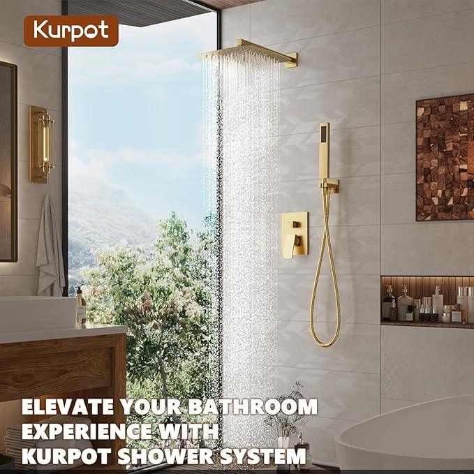 Kurpot Gold Shower System, 10'' Square Rainfall Shower Head with Handheld Combo Spray, Bathroom Brushed Gold Shower Faucet Set with Valve, 59'' Shower Hose, Shower Trim Kit and Diverter, Wall Mounted - ModernBath