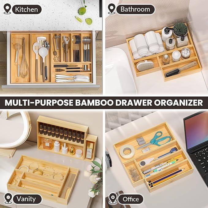 Kitchen Drawer Organizer Bins, Stackable Bamboo Drawer Organizer for Silverware, Flatware, Coffee Pod Organizer K Cup Holder for Countertop, 2 Pcs Coffee Station Organizer 12" x 6" x 2.5" - ModernBath