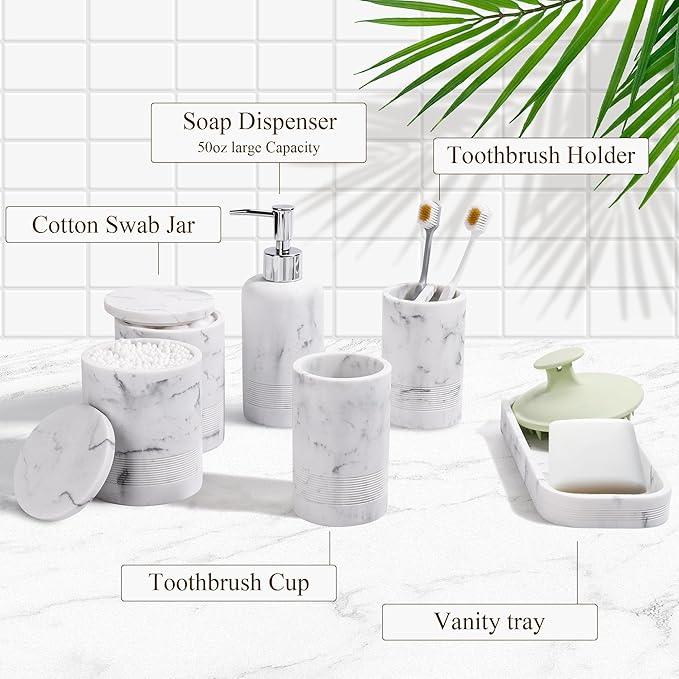 Bathroom Accessories Set, 6-Piece Bathroom Accessory Set, Toothbrush Holders Set, Soap Dispenser, Vanity Tray, Tumbler, Cotton Swab Jars, Bathroom Organizer for Modern Bathrooms (Marble White) - ModernBath