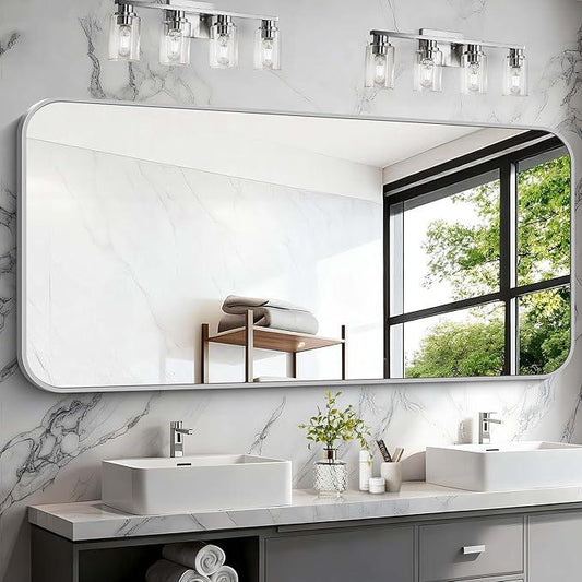CIVENO Silver Bathroom Mirror, 72 x 30 Inch Large Rectangle Mirror, Rectangular Vanity Mirror Aluminum Metal Frame, Rounded Corner Wall Mirror for Living Room Bedroom Entryway Horizontal/Vertical - ModernBath
