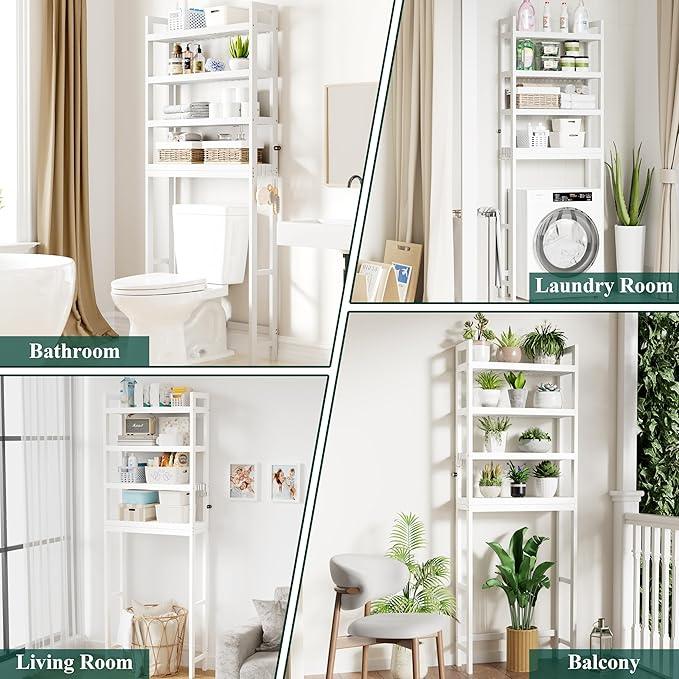 Smiry Over The Toilet Storage Cabinet, 4-Tier Bamboo Bathroom Organizers with Adjustable Shelf & 4 Hooks, Space Saving Shelf Rack for Bathrooms, Laundry Room, Balcony, White - ModernBath