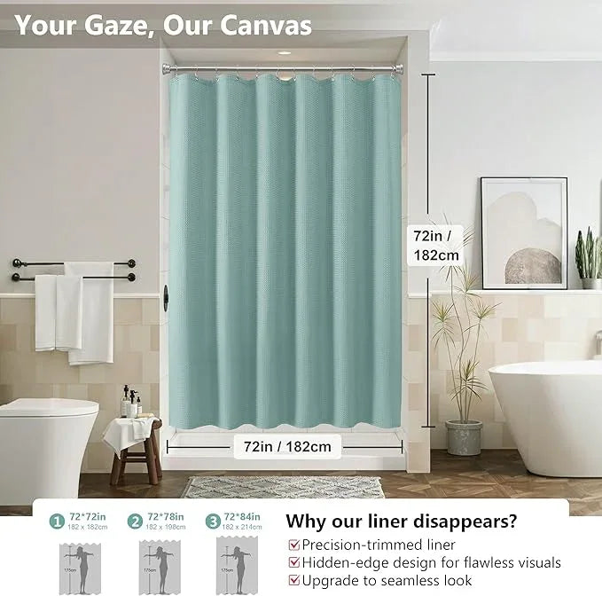 Luxury 3 in 1 Shower Curtain Set 3D Textured Waffle Weave Bathroom Curtain with Waterproof SGS Certified Fabric Liner & 12 Anti-Fall Stainless Steel Hooks, Machine Washable 72"x72" (Turquoise) - ModernBath
