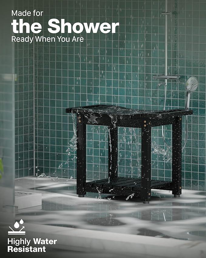 BLUEWEST Shower Bench Seat with Storage Shelf, Natural Wood Shower Benches for Inside Shower to Sit on, Waterproof Bathroom Spa Bench Stool for Legs Shaving with Built-in Handle & Shower Head Holder - ModernBath