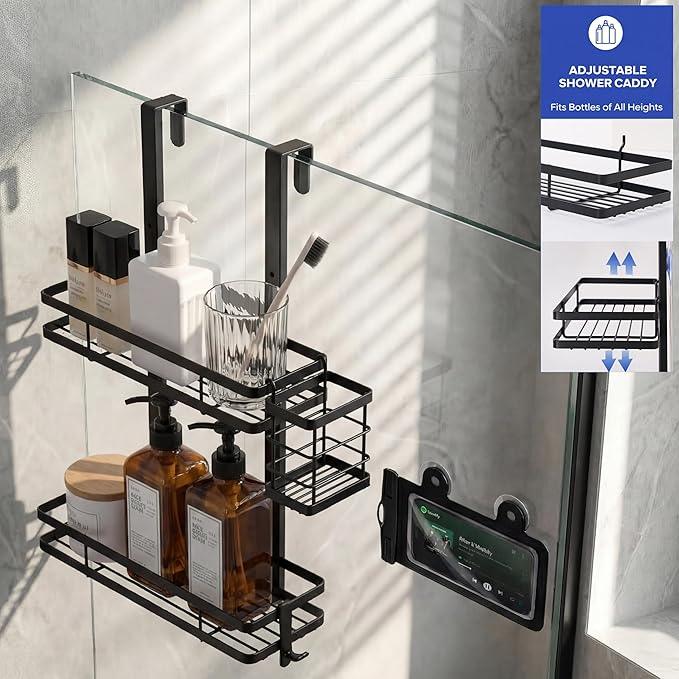 WEYALLE Over the Door Shower Caddy Hanging, Rustproof Shower Shelves with Waterproof Phone Pouch, 2-Tier Adjustable Bathroom Organizers and Storage, No Drilling Shower Shelf, Black Shampoo Soap Holder - ModernBath