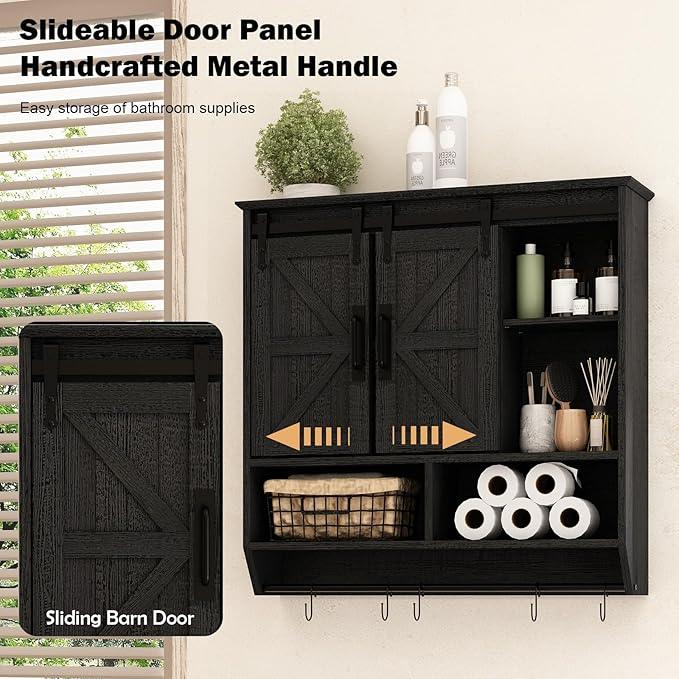 RUSTOWN Farmhouse Bathroom Wall Cabinet,3-Tier Rustic Wood Wall Mounted Cabinets,Vintage Medicine Cabinet with Sliding Barn Door and Adjustable Shelves,Over The Toilet Storage Cabinet (Black) - ModernBath