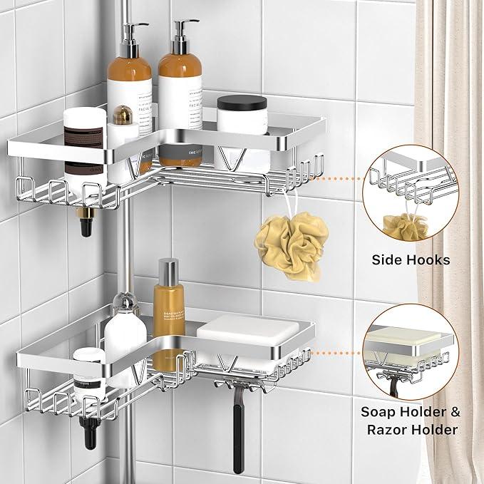 KEGII SUS304 Corner Shower Organizer, Stainless Steel Tension Pole Corner Bathroom Caddy, No Drilling Required Adjustable Shower Shelf for Inside Showers, Silver - ModernBath
