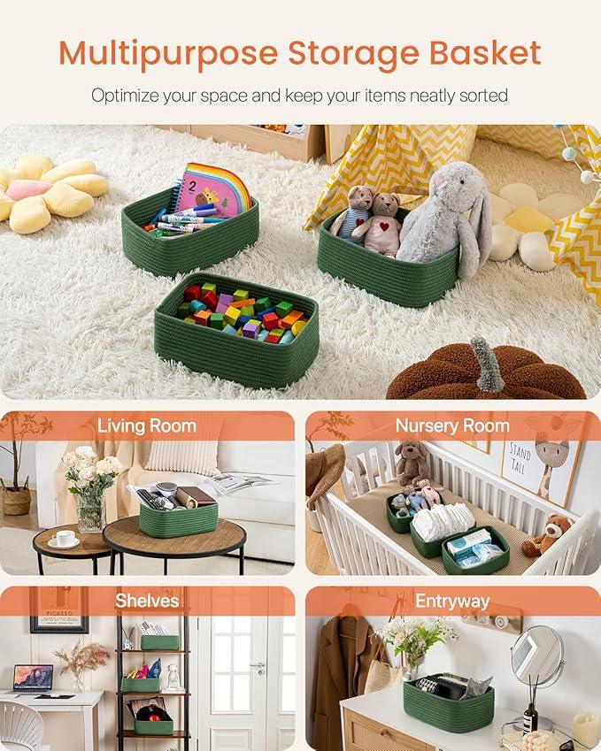 Small Woven Basket, 12 x 8 x 4.5 Inches, Storage Basket for Organizing, Cute Small Rope Shelf Closet Cube Storage Bins Baskets for Shelves, Dog Toy Gift Baskets Empty, 3 Packs, Green - ModernBath