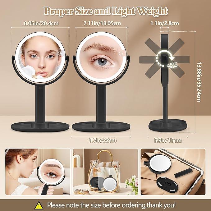 MOMOKUBA Makeup Mirror with Lights, Double Sided 1x/20x Magnifying Mirror with Light, Rechargeable 3 Color Lights and Adjustable Brightness, 360° Rotation Detachable Comes with Tweezer(Black) - ModernBath