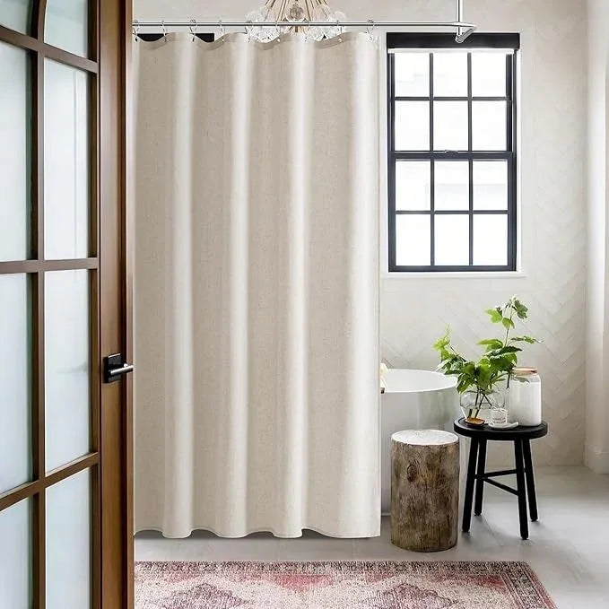 Jowels Oatmeal Linen Shower Curtain, Boho Farmhouse Shower Curtain Set for Bathroom, 200GSM Luxury Weighted Water Resistant Fabric Textured Shower Curtains with 12 Metal Hooks, 72Wx90H - ModernBath