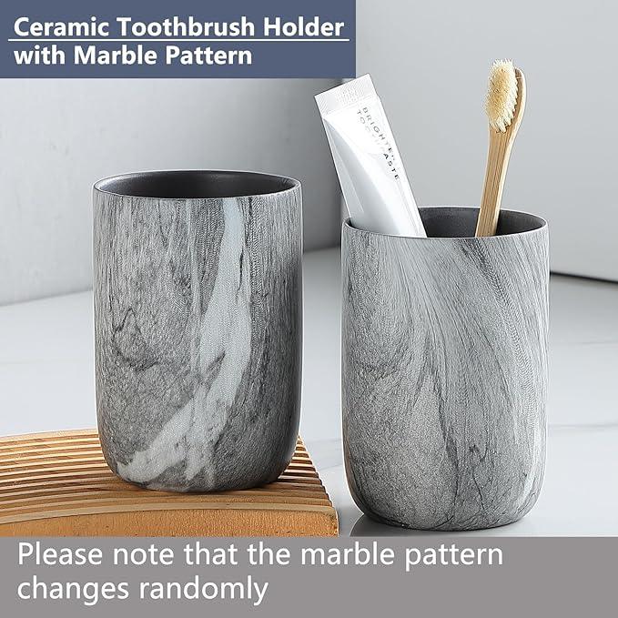 Marble Grey Toothbrush Holders - 2 Ceramic Toothbrush Holders for Bathrooms Toothbrush Toothpaste Holders Set, Grey Bathroom Tumbler Cups Reusable Toothbrush Mouthwash Cup, Bathroom Counter Organizer. - ModernBath