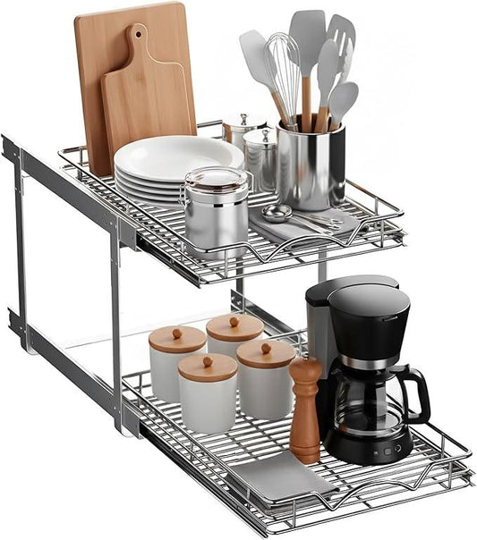 HOLDN’ STORAGE Two Tier Pull Out Cabinet Organizer, Individual Sliding Drawers - Heavy Duty Metal with Lifetime Limited Warranty - Anti Rust Chrome Finish - 15" W x 21”D x 16.5" H - ModernBath