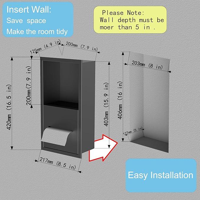 Black Toilet Paper Holder with Recessed Wall Niche for Storage,Stainless Steel in Wall Toilet Paper Dispenser with Shelf,15.9inX7.9inX4.9in (Matte Black) - ModernBath